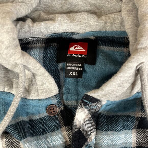Quiksilver Hooded Flannel Shirt Mens XXL Blue Black Plaid Shacket Button Surf - Picture 4 of 11